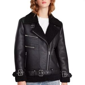 NWT Steve Madden Women's Black Faux Leather Sherpa Lined Moto Jacket